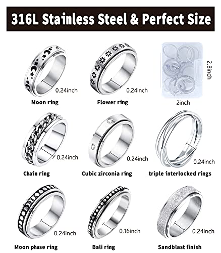 Fidget Rings for Anxiety 8 Stainless Steel Spinner Rings