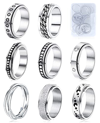 Fidget Rings for Anxiety 8 Stainless Steel Spinner Rings